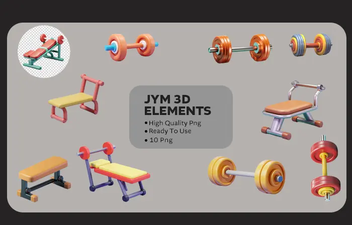 Gym equipment themed 3D graphic elements pack image
